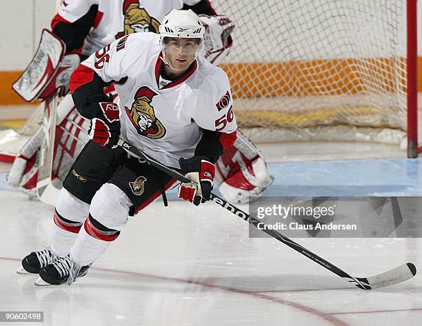 Geoff Kinrade of the Ottawa Senators skates in a game against the Boston Bruins in the NHL Rookie Tournament on September 9, 2009 at the Kitchener...