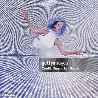 Woman floating in binary code vortex Woman floating in binary code vortex