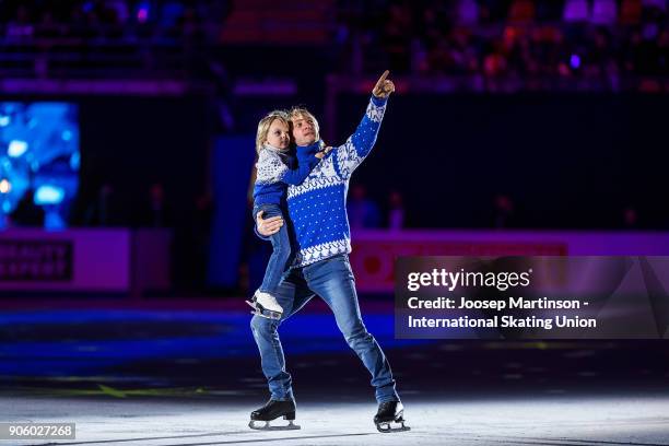 Evgeni Plushenko and his son Egor perform in the opening ceremony during day one of the European Figure Skating Championships at Megasport Arena on...