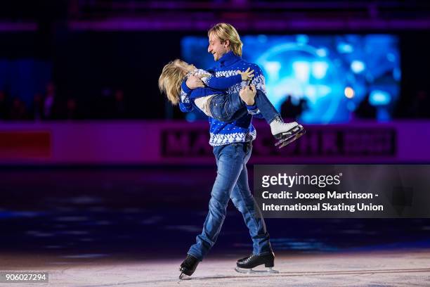 Evgeni Plushenko and his son Egor perform in the opening ceremony during day one of the European Figure Skating Championships at Megasport Arena on...