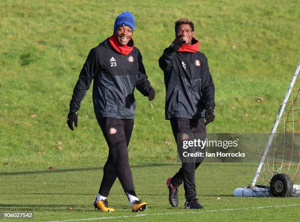 Lamine Kone and Didier N'Dong walk out to train during a Sunderland AFC training session at The Academy of Light on January 17, 2018 in Sunderland,...