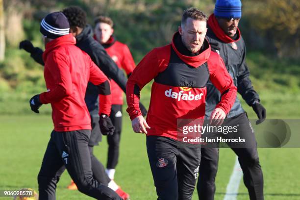 Aiden McGeady warms up during a Sunderland AFC training session at The Academy of Light on January 17, 2018 in Sunderland, England.