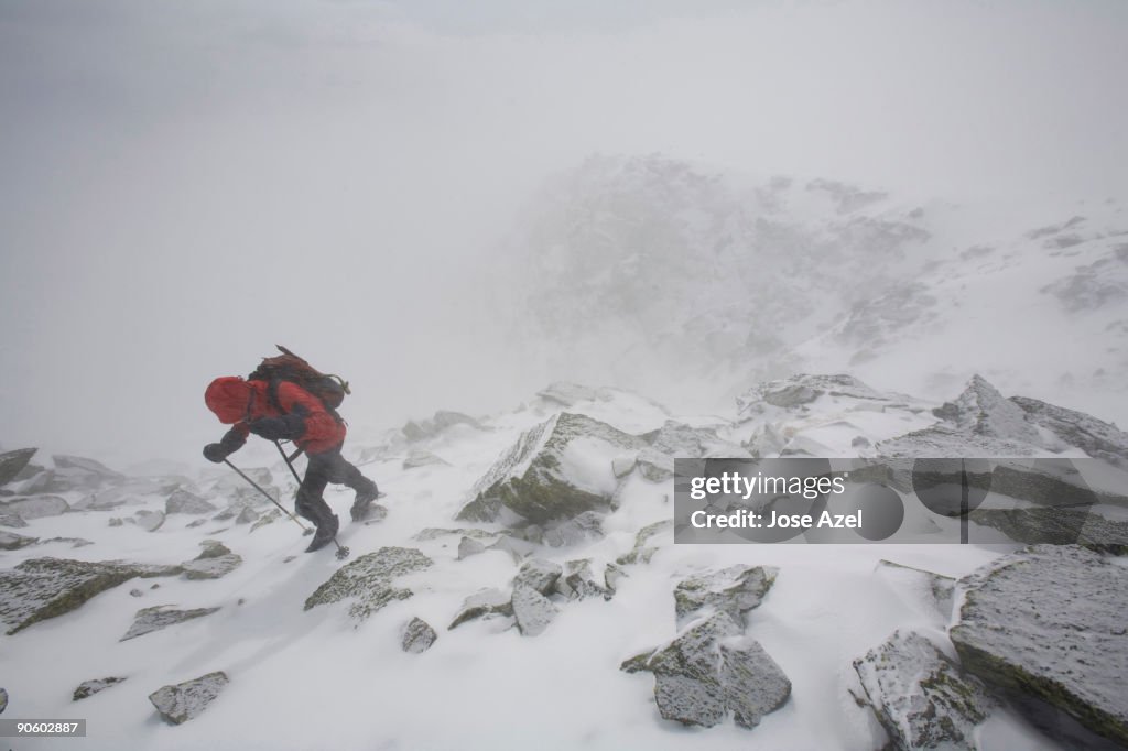 Hiking in winter on Mt. Washington in the White Mountains of New Hampshire.