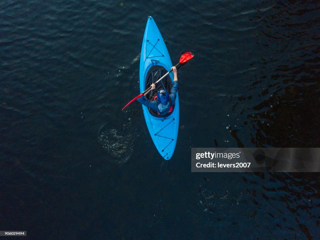 Aerial view of a kayaker on a river, Dublin, Ireland.