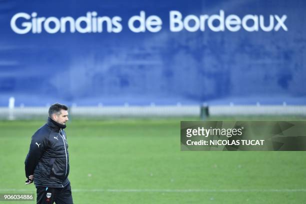Bordeaux's French head coach Jocelyn Gourvennec walks on the pitch during a training session on January 17, 2018 at the Haillan training center near...