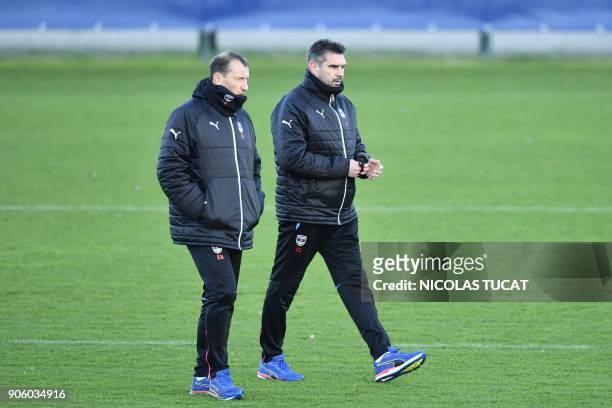 Bordeaux's French head coach Jocelyn Gourvennec walks on the pitch during a training session on January 17, 2018 at the Haillan training center near...