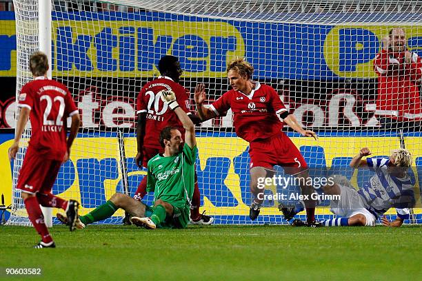 Martin Amedick of Kaiserslautern celebrates scoring his team's first goal during the Second Bundesliga match between 1. FC Kaiserslautern and MSV...