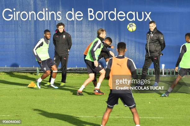 Bordeaux's French head coach Jocelyn Gourvennec looks on during a training session on January 17, 2018 at the Haillan training center near Bordeaux,...