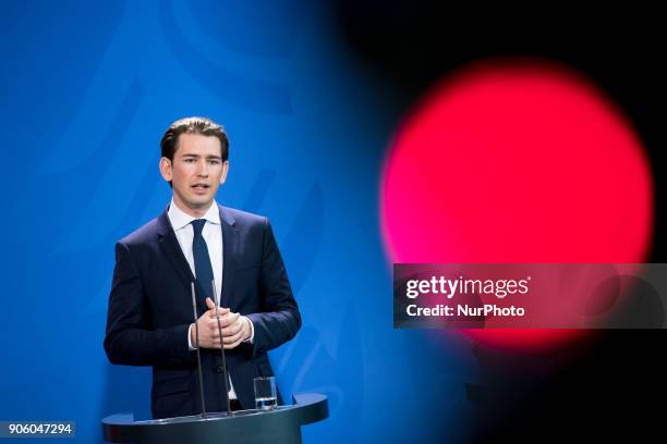 Austrian Chancellor Sebastian Kurz is pictured during a press conference held with German Chancellor Angela Merkel at the Chancellery in Berlin,...