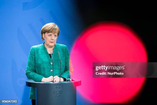 German Chancellor Angela Merkel is pictured during a press conference held with Austrian Chancellor Sebastian Kurz at the Chancellery in Berlin,...