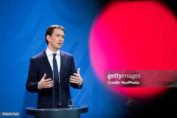 Austrian Chancellor Sebastian Kurz is pictured during a press conference held with German Chancellor Angela Merkel at the Chancellery in Berlin,...