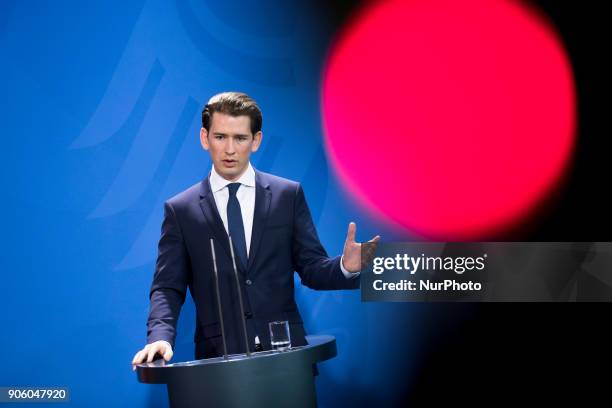 Austrian Chancellor Sebastian Kurz is pictured during a press conference held with German Chancellor Angela Merkel at the Chancellery in Berlin,...