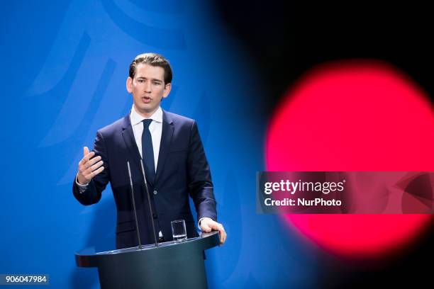 Austrian Chancellor Sebastian Kurz is pictured during a press conference held with German Chancellor Angela Merkel at the Chancellery in Berlin,...