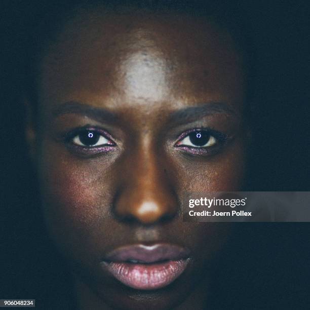 Model poses ahead of the Maisonnoee show during the MBFW January 2018 at ewerk on January 17, 2018 in Berlin, Germany.