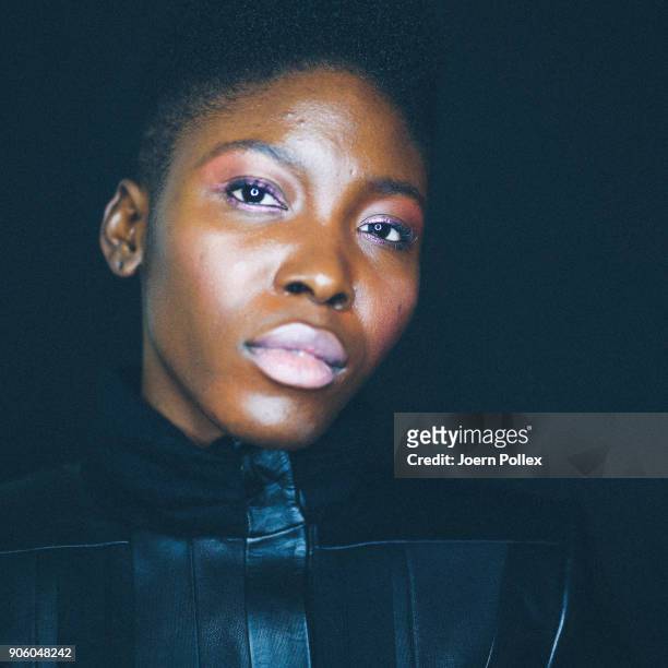 Model poses ahead of the Maisonnoee show during the MBFW January 2018 at ewerk on January 17, 2018 in Berlin, Germany.