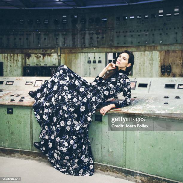 Model poses ahead of the Maisonnoee show during the MBFW January 2018 at ewerk on January 17, 2018 in Berlin, Germany.