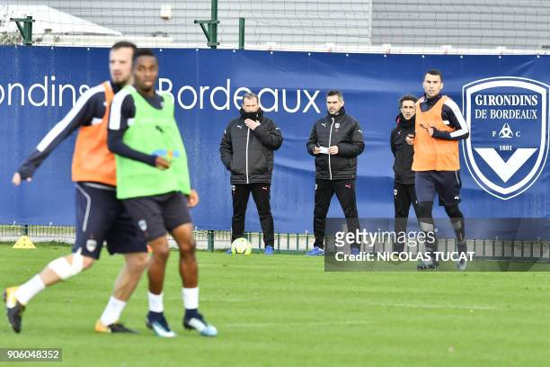 Bordeaux's French head coach Jocelyn Gourvennec looks on during a training session on January 17, 2018 at the Haillan training center near Bordeaux,...