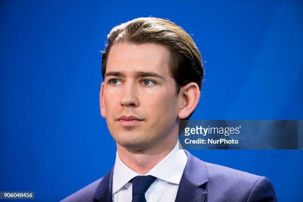Austrian Chancellor Sebastian Kurz is pictured during a press conference held with German Chancellor Angela Merkel at the Chancellery in Berlin,...
