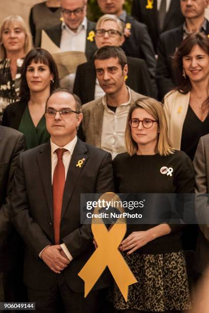 Independentist politicians of the Parliament of Catalonia protest in the Parliament of Catalonia with a symbolic yellow tie in support of the...