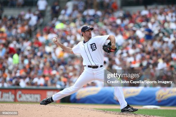 Pitcher Justin Verlander of the Detroit Tigers pitches during a MLB game against the Cleveland Indians at Comerica Park on July 12, 2009 in Detroit,...