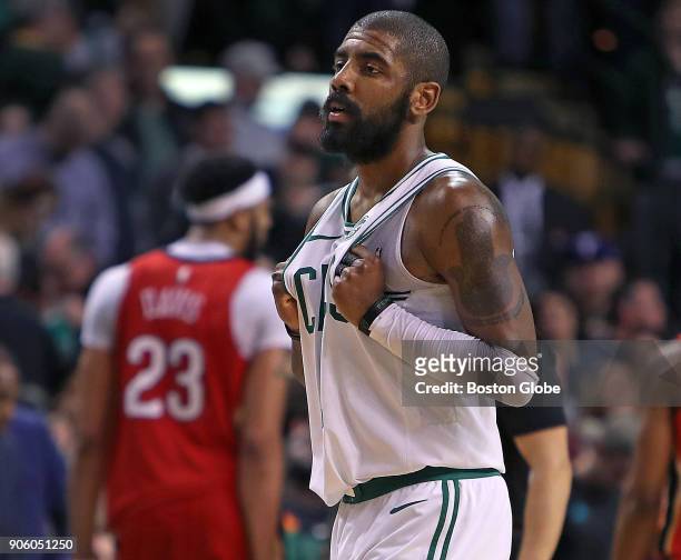 Boston Celtics' Kyrie Irving reacts after missing a three point attempt to tie the game with under five seconds left in overtime. The Boston Celtics...
