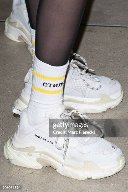 Model Bella Hadid, shoe detail, is seen on January 17, 2018 in Paris, France.