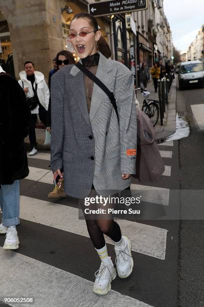 Super Model Bella Hadid is seen strolling in "Le Marais" area on January 17, 2018 in Paris, France.