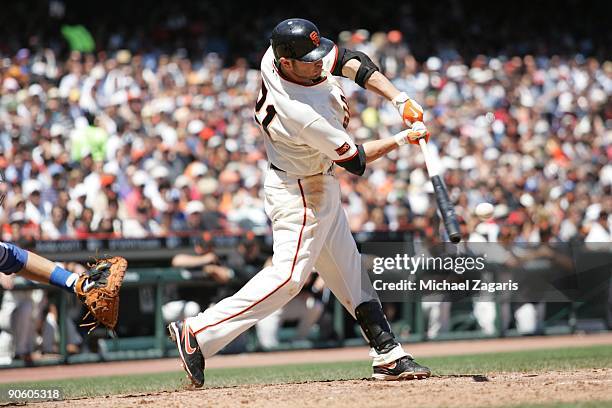 Freddy Sanchez of the San Francisco Giants swings at a pitch during the game against the Los Angeles Dodgers at AT&T Park on August 12, 2009 in San...