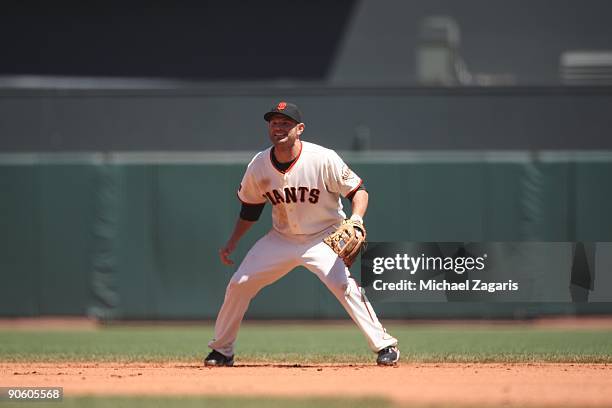 Freddy Sanchez of the San Francisco Giants in the field during the game against the Los Angeles Dodgers at AT&T Park on August 12, 2009 in San...