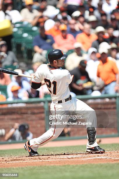 Freddy Sanchez of the San Francisco Giants swings at a pitch during the game against the Los Angeles Dodgers at AT&T Park on August 12, 2009 in San...