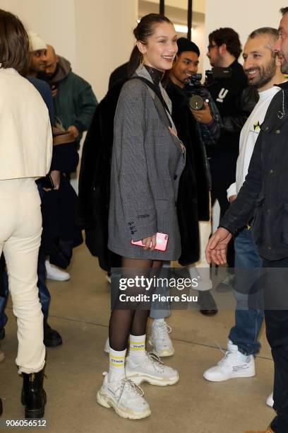 Super Model Bella Hadid visits "Kar L'art De L'automobile" exhibition on January 17, 2018 in Paris, France.