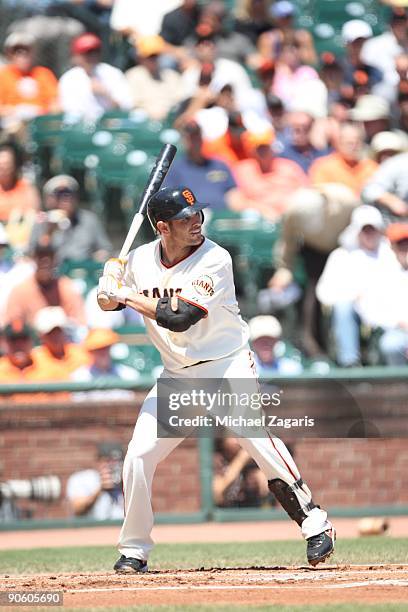 Freddy Sanchez of the San Francisco Giants at bat during the game against the Los Angeles Dodgers at AT&T Park on August 12, 2009 in San Francisco,...