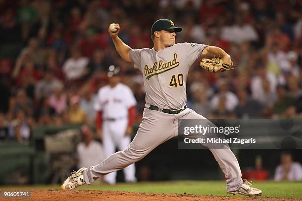 Andrew Bailey of the Oakland Athletics pitches during the game against the Boston Red Sox at Fenway Park on July 29, 2009 in Boston, Massachusetts....