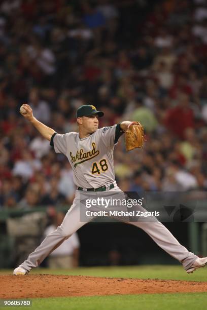 Michael Wuertz of the Oakland Athletics pitches during the game against the Boston Red Sox at Fenway Park on July 29, 2009 in Boston, Massachusetts....