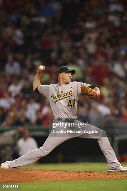 Michael Wuertz of the Oakland Athletics pitches during the game against the Boston Red Sox at Fenway Park on July 29, 2009 in Boston, Massachusetts....