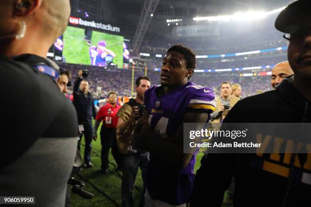 Stefon Diggs of the Minnesota Vikings walks off the field after the NFC Divisional Playoff game against the New Orleans Saints on January 14, 2018 at...