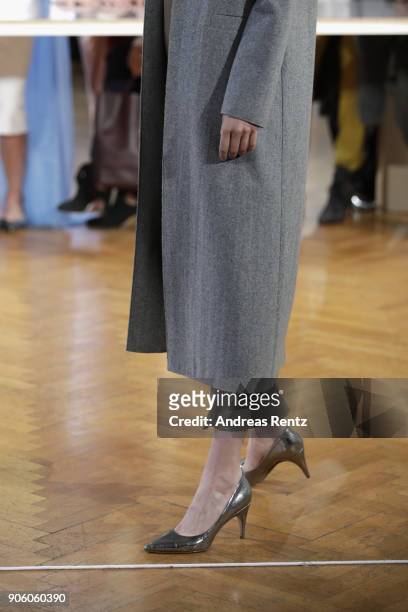 Model, shoe detail, walks the catwalk at the Perret Schaad presentation during 'Der Berliner Salon' AW 18/19 at Kronprinzenpalais on January 17, 2018...