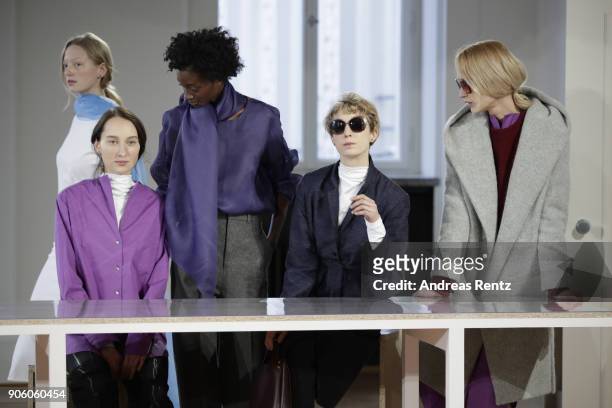 Models pose at the Perret Schaad presentation during 'Der Berliner Salon' AW 18/19 at Kronprinzenpalais on January 17, 2018 in Berlin, Germany.