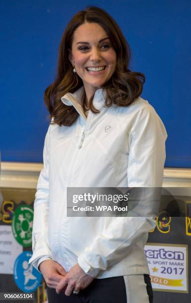 Catherine, Duchess of Cambridge, Patron of the All England Lawn Tennis and Croquet Club during a visit to Bond Primary School in Mitcham to see the...