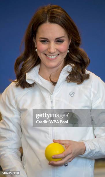 Catherine, Duchess of Cambridge, Patron of the All England Lawn Tennis and Croquet Club during a visit to Bond Primary School in Mitcham to see the...