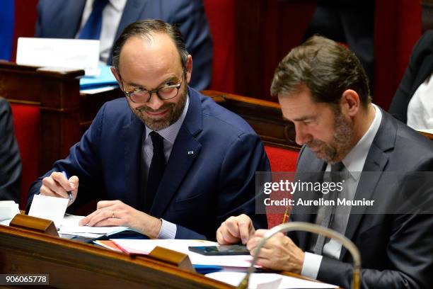 French Prime Minister Edouard Philippe reacts as Ministers answer deputies questions during the weekly session of questions to the government at...