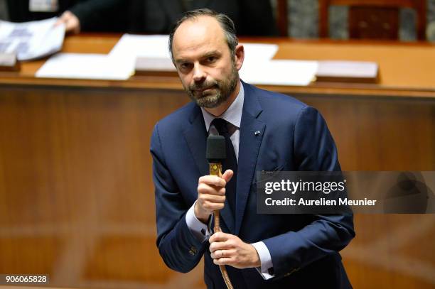 French Prime Minister Edouard Philippe answers deputies questions during the weekly session of questions to the government at Assemblee Nationale on...