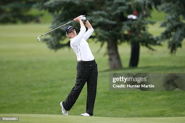 Karrie Webb hits her shot during the final round of the Canadian Women's Open at Priddis Greens Golf & Country Club on September 6, 2009 in Calgary,...