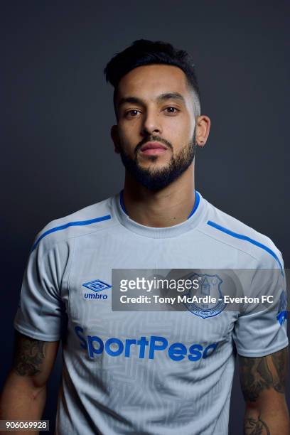 New Everton signing Theo Walcott poses for a photo at USM Finch Farm on January 16, 2018 in Halewood, England.
