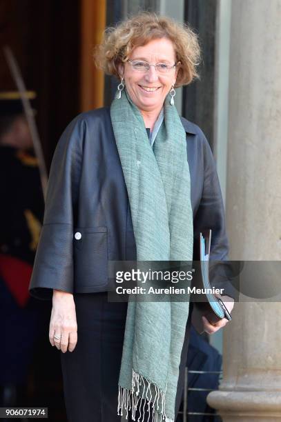 French Minister of Labor Muriel Penicaud leaves the Elysee Palace after the weekly cabinet meeting with French President Emmanuel Macron on January...