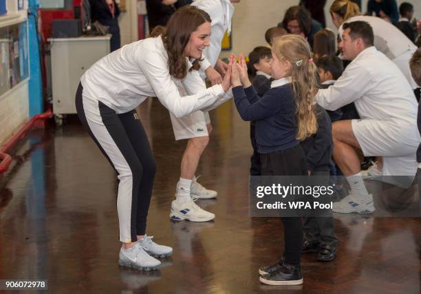 Catherine, Duchess of Cambridge, Patron of the All England Lawn Tennis and Croquet Club during a visit to Bond Primary School in Mitcham to see the...