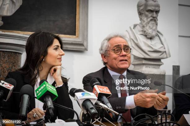 The Mayor of Rome Virginia Raggi, and Giorgio Quagliuolo, President of Conai during the Press conference of presentation the Memorandum of...