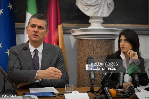 Virginia Raggi and Lorenzo Bagnacani during the Press conference of presentation the Memorandum of Understanding between Conai, Roma Capitale and Ama...