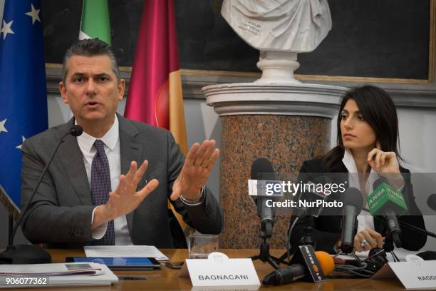 Virginia Raggi and Lorenzo Bagnacani during the Press conference of presentation the Memorandum of Understanding between Conai, Roma Capitale and Ama...