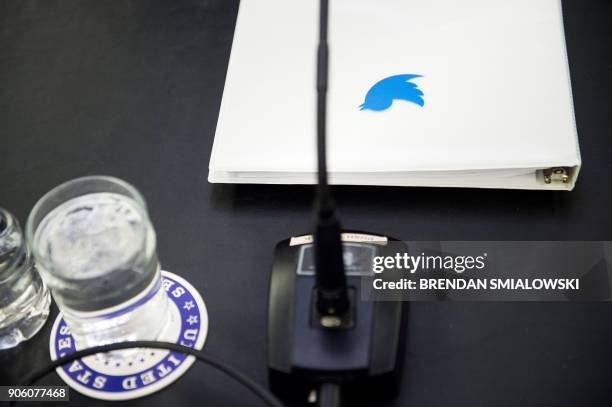 Folder with the Twitter logo is seen before a hearing of the Senate Commerce, Science, and Transportation committee on Capitol Hill January 17, 2018...